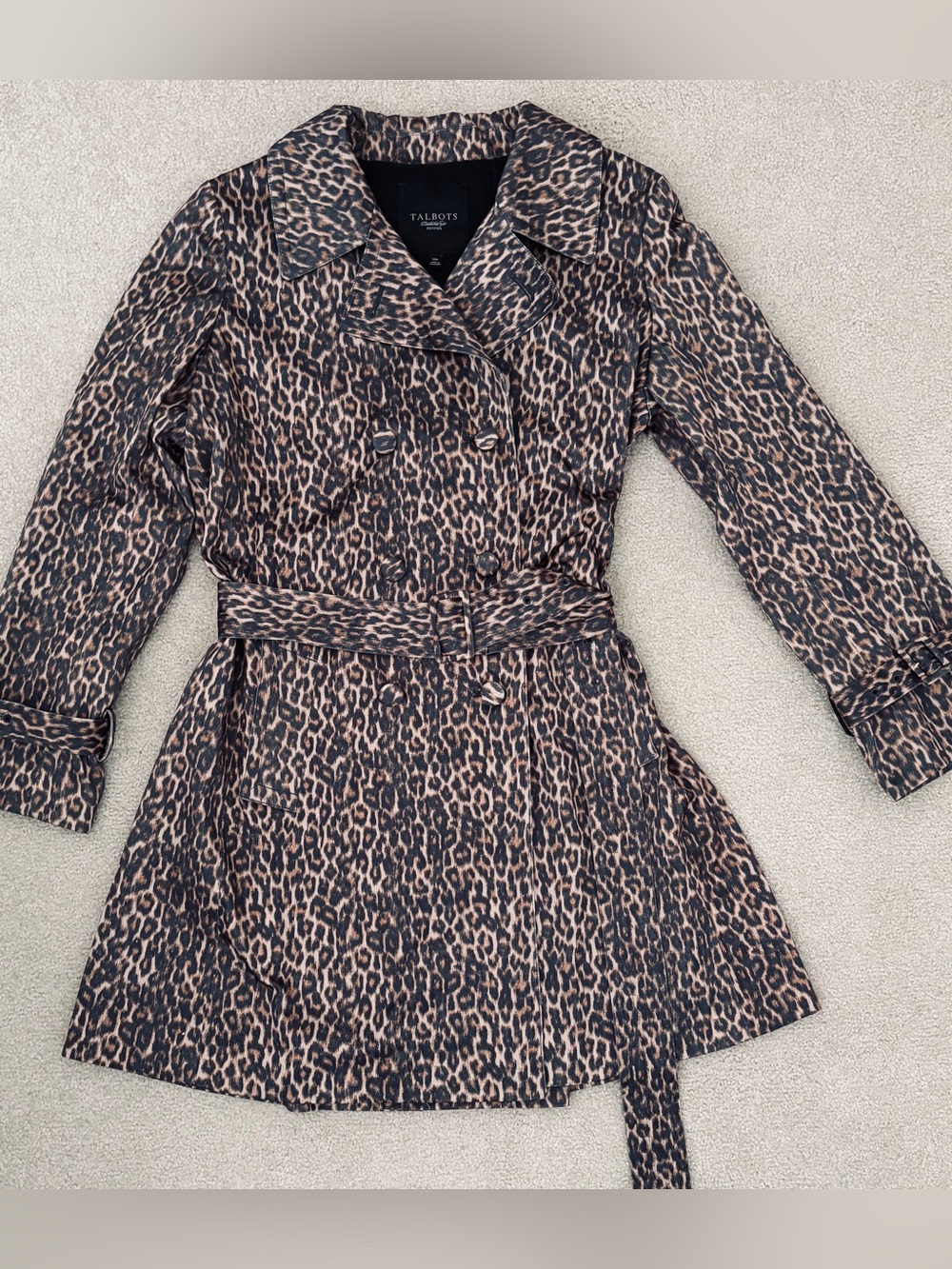 Talbots Leopard Print Double Breasted Trench Coat Size 14 Petite 14P EUC